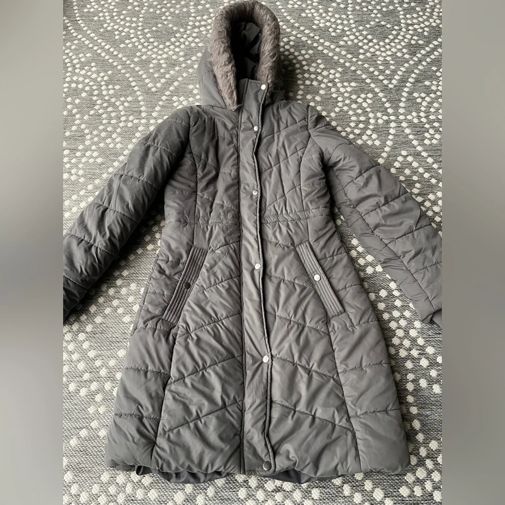 A New Day Parka Coat Jacket Fur Hood Small pewter gray grey quilted puffer zip - Picture 2 of 13